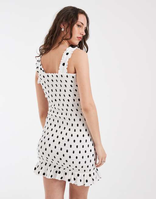 Pieces - Gesmokte mini jurk met ruches en stippen in wit en zwart, 4 van 4
