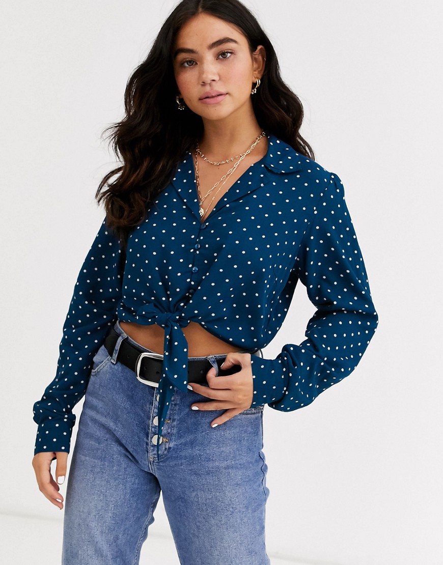 Pieces - Gestipte blouse met lange mouwen en gestrikte voorkant-Blauw