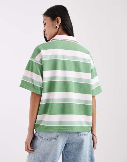 Pieces - Gestreept sweatshirt met korte mouwen en polokraag in groen en roze, 4 van 4
