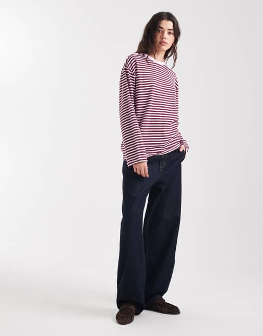 Pieces - Gestreept T-shirt met lange mouwen in roze en bordeauxrood, 2 van 4