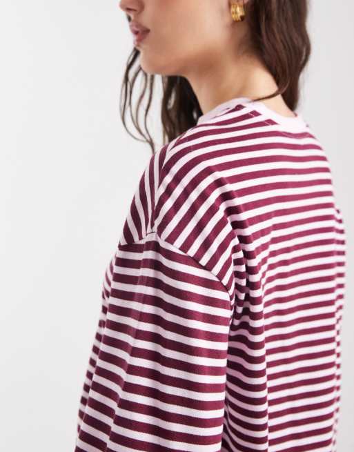 Pieces - Gestreept T-shirt met lange mouwen in roze en bordeauxrood, 3 van 4