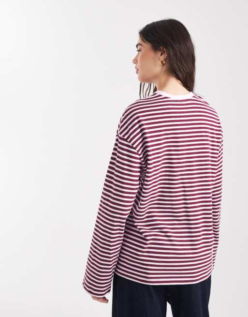 Pieces - Gestreept T-shirt met lange mouwen in roze en bordeauxrood, 4 van 4