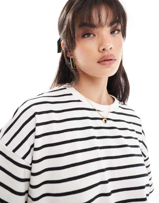 Pieces - Gestreept T-shirt van sweatstof in zwart-wit, deel van co-ord set, 2 van 4