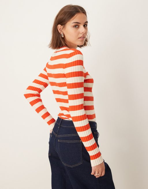 Pieces - Gestreepte gebreide top met lange mouwen en brede ribbels in oranje, 3 van 4