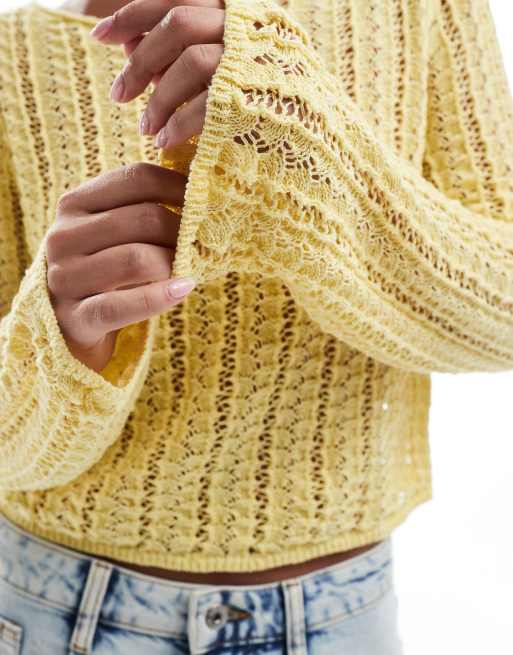 Pieces - Gestreepte gehaakte gebreide cropped top in geel, 2 van 4