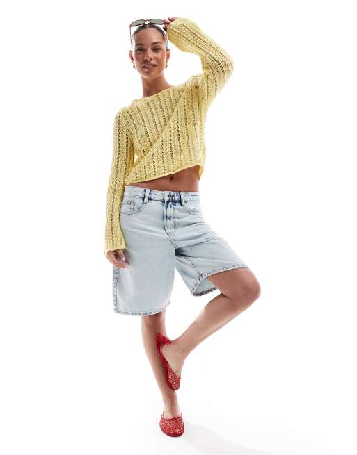 Pieces - Gestreepte gehaakte gebreide cropped top in geel, 3 van 4