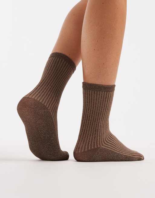 Pieces - Gestreepte sokken met glitter in bruin en beige, 3 van 3