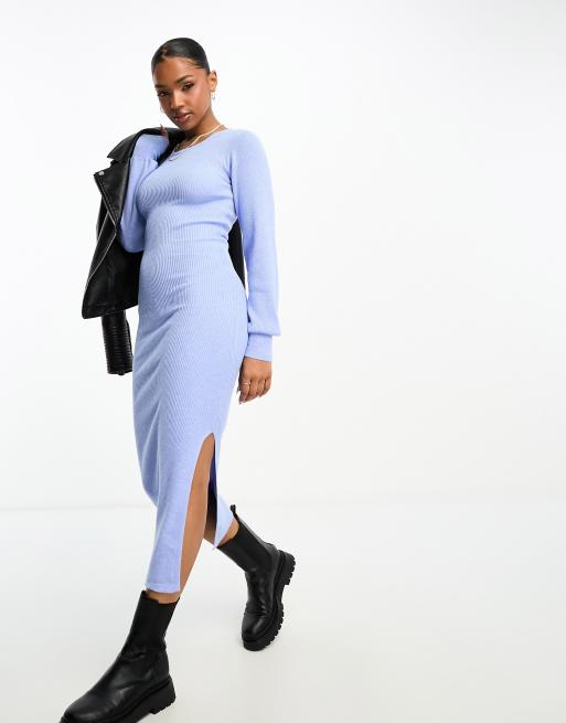 Pieces – Gestricktes Maxi-Pulloverkleid in Babyblau mit Ballonärmeln