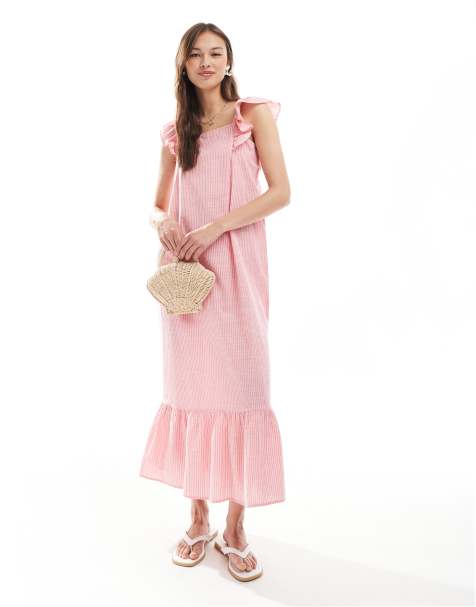 Pieces – Gestuftes Camisole-Maxikleid in rosa gestreift mit Rüschen-Trägern - view 1