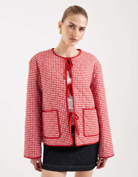 Pieces - Gewatteerd jack met gestrikte voorkant en gingham ruit in rood en wit - view 1