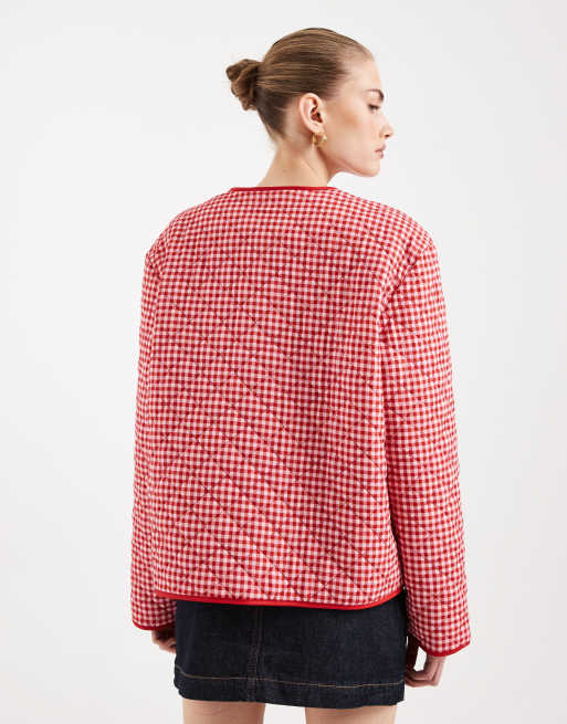 Pieces - Gewatteerd jack met gestrikte voorkant en gingham ruit in rood en wit, 2 van 4