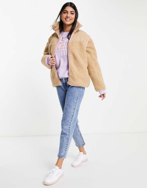 Pieces - Giacca beige due in uno con zip a contrasto