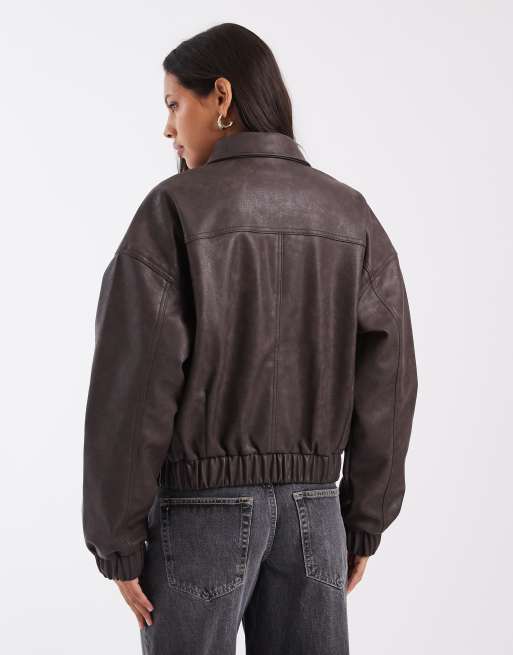 Pieces giacca bomber in similpelle con dettaglio tasca, marrone cioccolato, 2 di 4