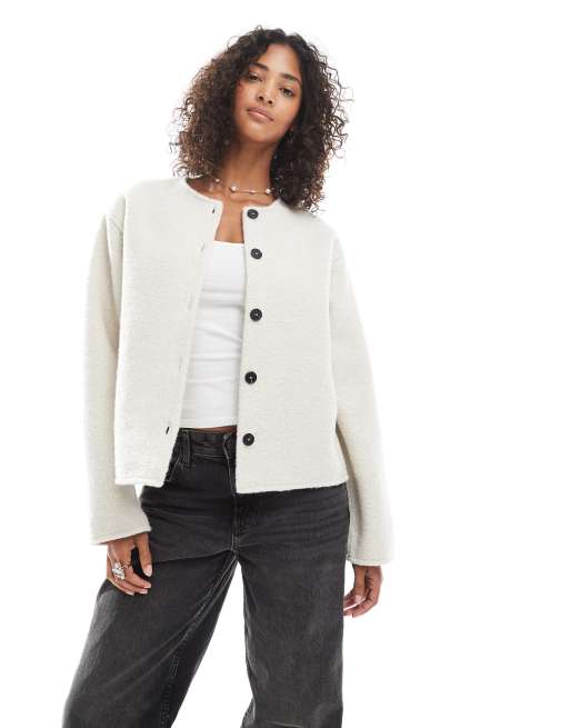 Pieces - Giacca corta effetto teddy color crema