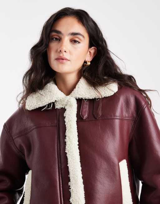 Pieces Giacca corta in misto pelle sintetica bordeaux e pile