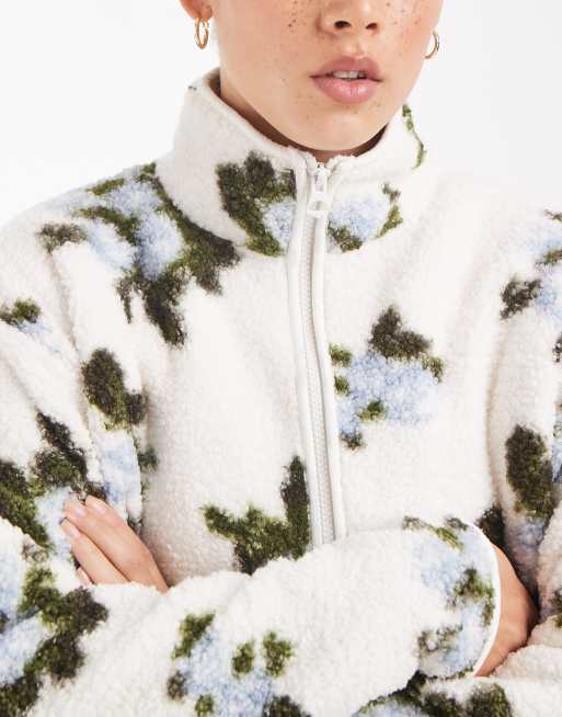 Pieces giacca teddy con zip frontale e stampa floreale bianca, 3 di 4