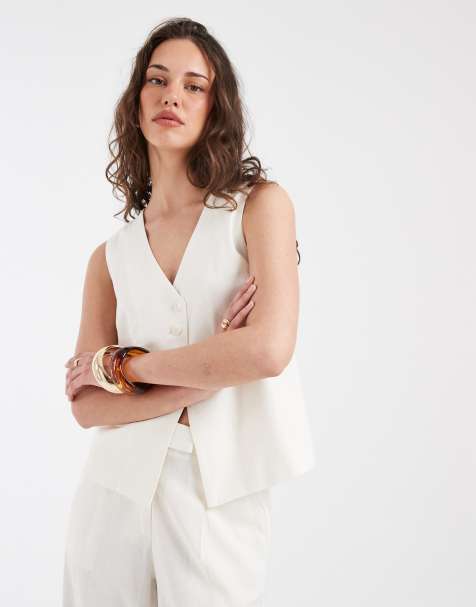 Pieces - Gilet de tailleur d'ensemble asymétrique aspect lin - Blanc - view 1