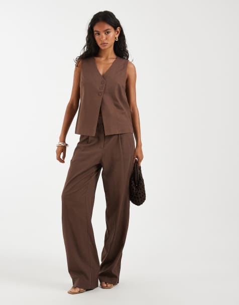 Pieces - Gilet de tailleur d'ensemble asymétrique aspect lin coupe ajustée - Marron chocolat - view 1
