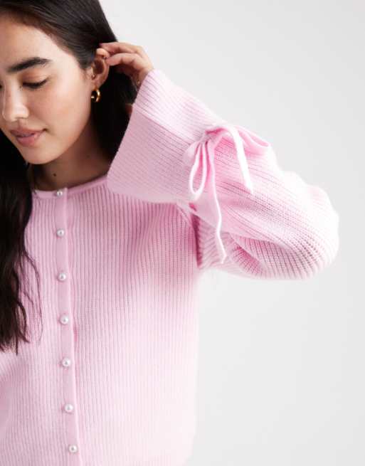 Pieces - Gilet en maille à boutons perle et poignets noués - Rose clair, 3 de 4