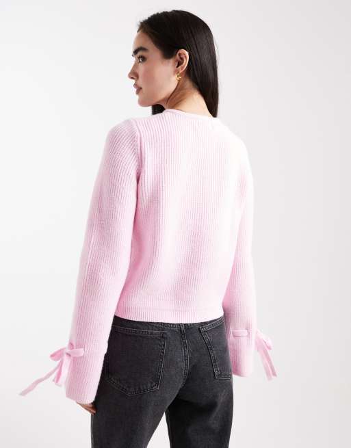 Pieces - Gilet en maille à boutons perle et poignets noués - Rose clair, 4 de 4