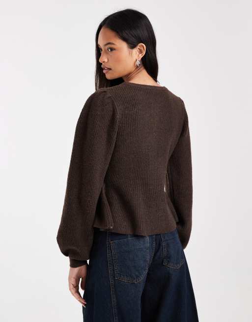 Pieces gilet en maille côtelée douce avec détail à la taille marron, 3 de 4