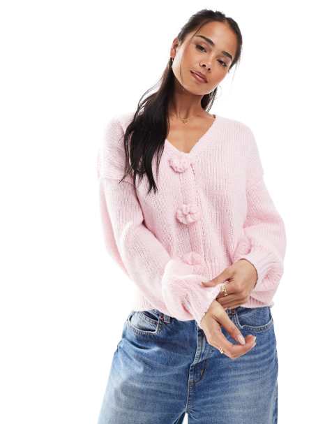 Pieces - Gilet oversize avec boutons en forme de roses - Rose - view 1