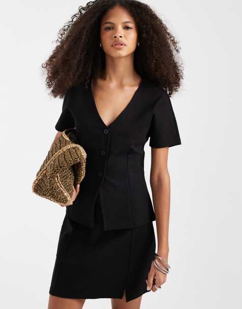 Pieces - Gilet van jersey met structuur en korte mouwen in zwart, deel van co-ord set - view 1