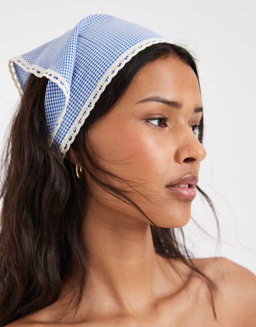PIECES gingham lace trim headscarf in blue and white | ASOS display picture 2