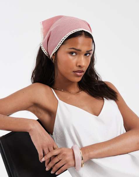 Pieces gingham lace trim headscarf in red and white - view 1