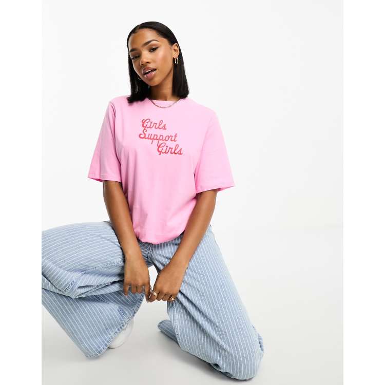 Pieces 'girls support girls' t-shirt in pink