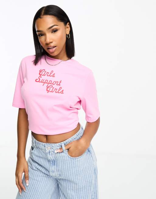 Pieces 'girls support girls' slogan t-shirt in pink | ASOS