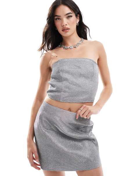 Pieces - Glitter bandeautop in zilver, deel van co-ord set - view 1