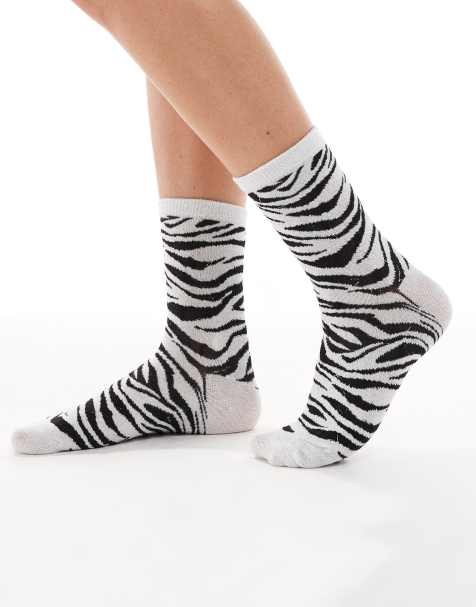 PIECES glitter zebra print socks in black and white - view 1