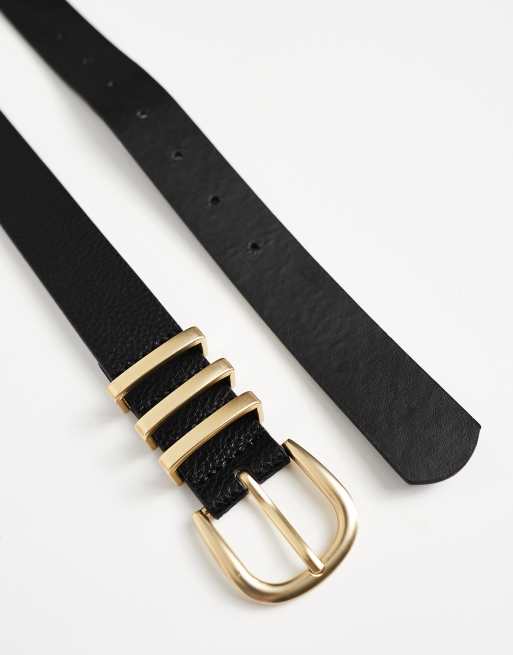 Black Belt Gold Buckle Womens Ladies Lady Belts Full Grain Leather Thick  3.5 cm