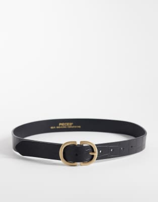 Pieces Gold Double Buckle Croc Effect Belt In Animal Print