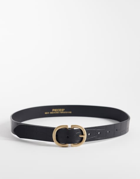 Pieces gold double buckle croc effect belt in black - view 1