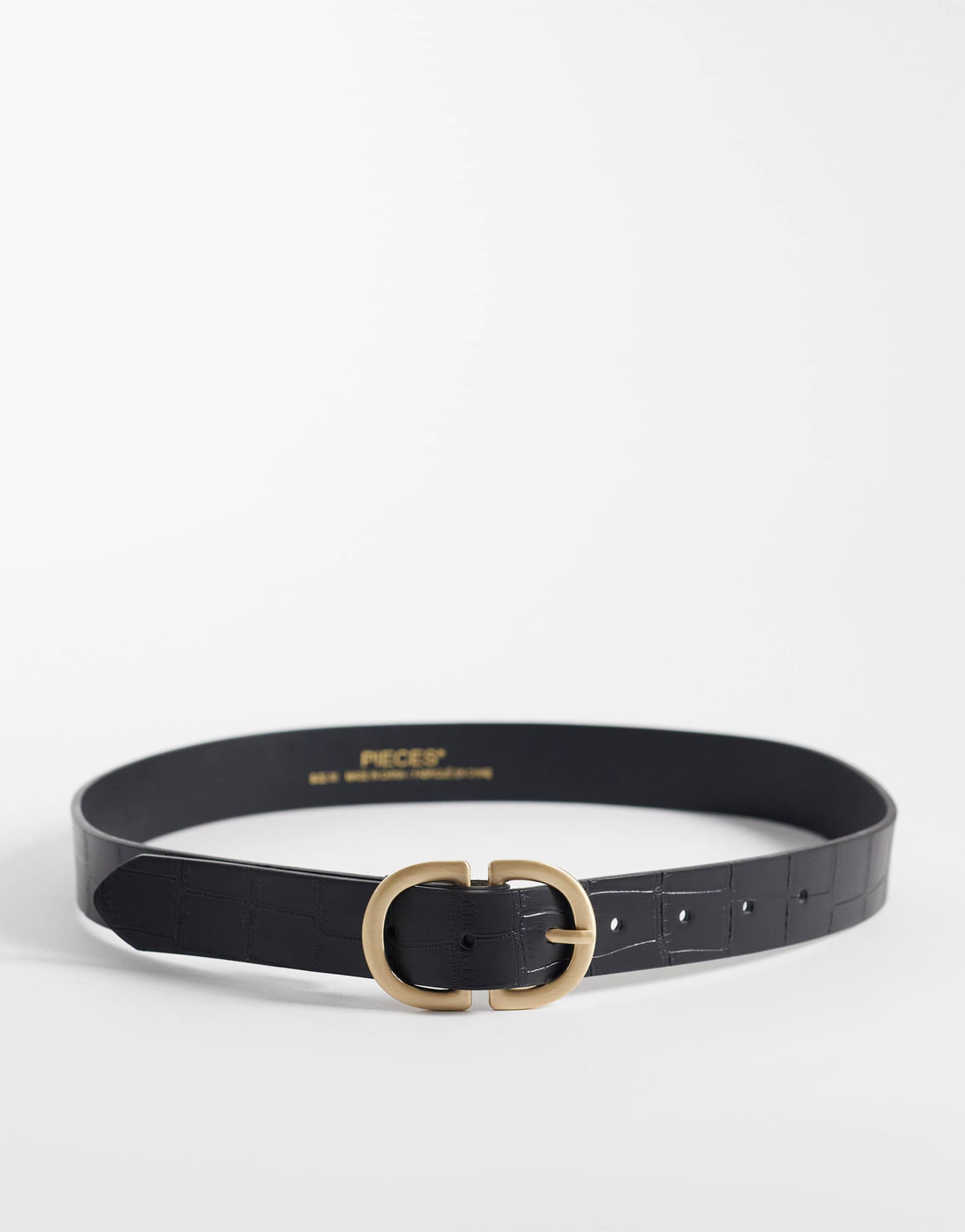 pieces gold double buckle croc effect belt in black