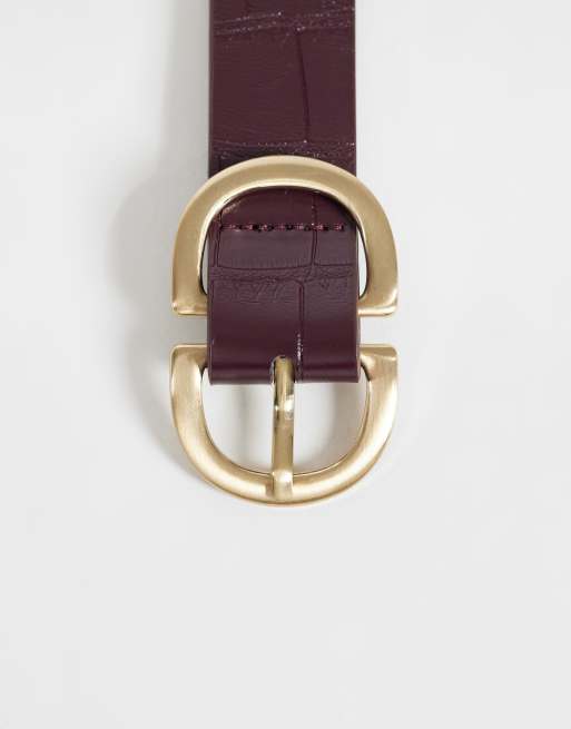 Pieces gold double buckle croc effect belt in burgundy, 3 of 3