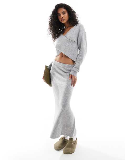 Pieces - Gonna lunga in maglia grigio chiaro in coordinato - view 1