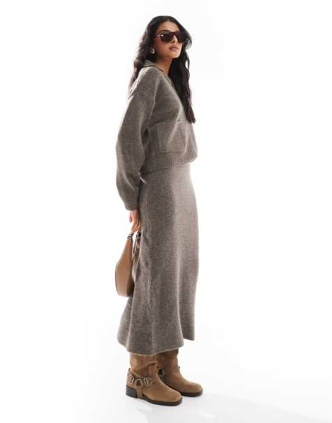 Pieces - Gonna lunga in maglia tortora scuro in coordinato - view 1