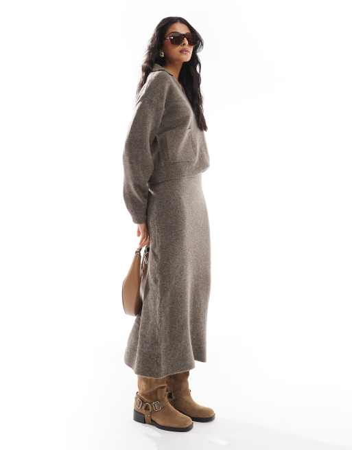 Pieces - Gonna lunga in maglia tortora scuro in coordinato