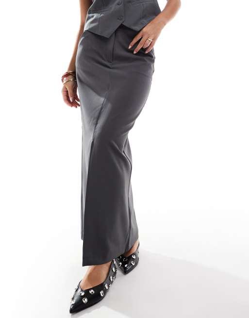 Pieces - Gonna lunga sartoriale grigio magnete con spacco sul davanti in coordinato, 5 di 5