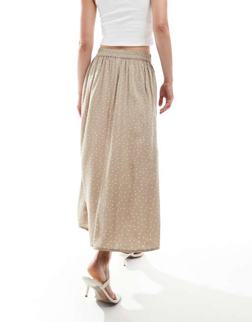 Pieces - Gonna midi a portafoglio beige con stampa a pois, 2 di 5