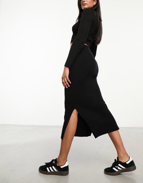 Pieces - Gonna midi in maglia nera - view 1
