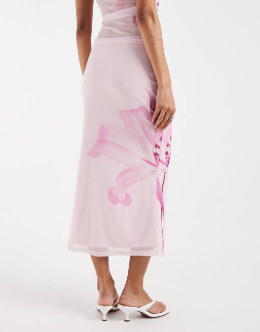 Pieces - Gonna midi in rete rosa pastello con stampa floreale in coordinato, 5 di 5