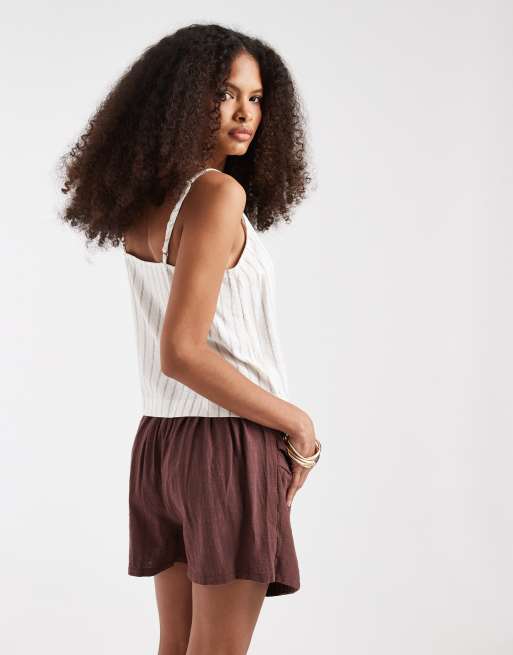 Pieces - Gonna pantalone a vita alta in cotone testurizzato marrone mogano intenso con nodo, 4 di 5