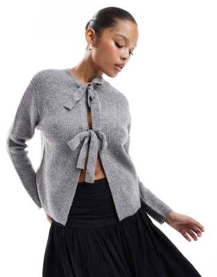 Pieces - Grå cardigan med bindebånd foran i vendbart design 