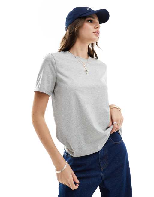 Pieces – Grå t-shirt i bomull med uppvikt detalj, 2 av 4