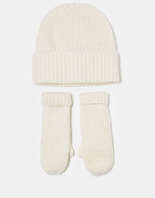 Pieces – Gräddvitt gåvoset med texturerad mössa och vantar, 2-pack