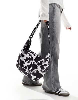 Pieces - Grand sac banane à imprimé vache - Noir/blanc-Multicolore